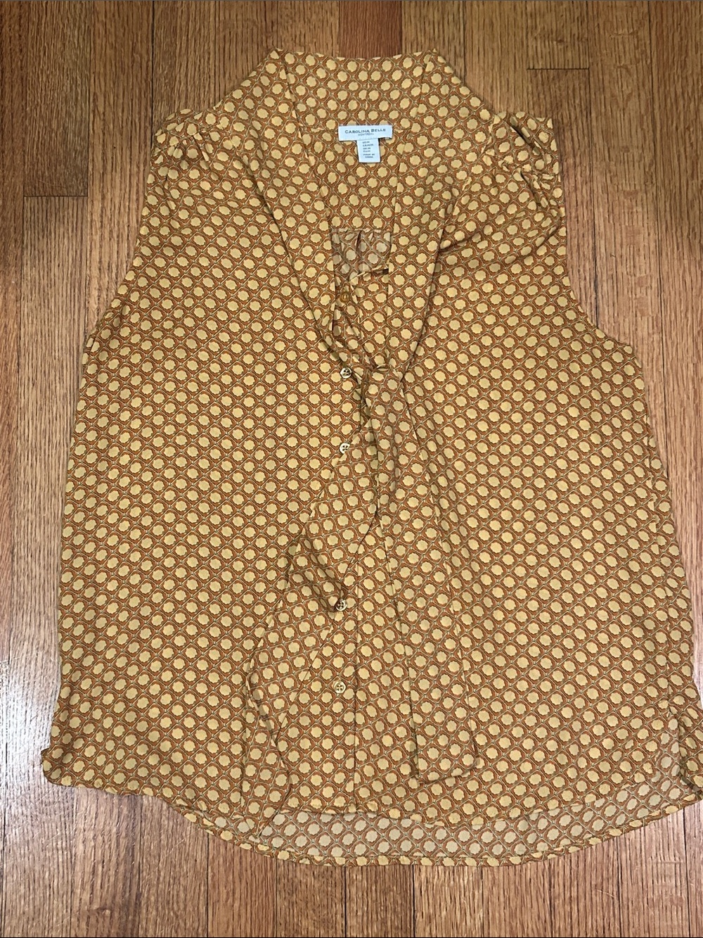 Carolina Belle Mustard Geometric Ruffle Tie Sleeveless Blouse Size Medium